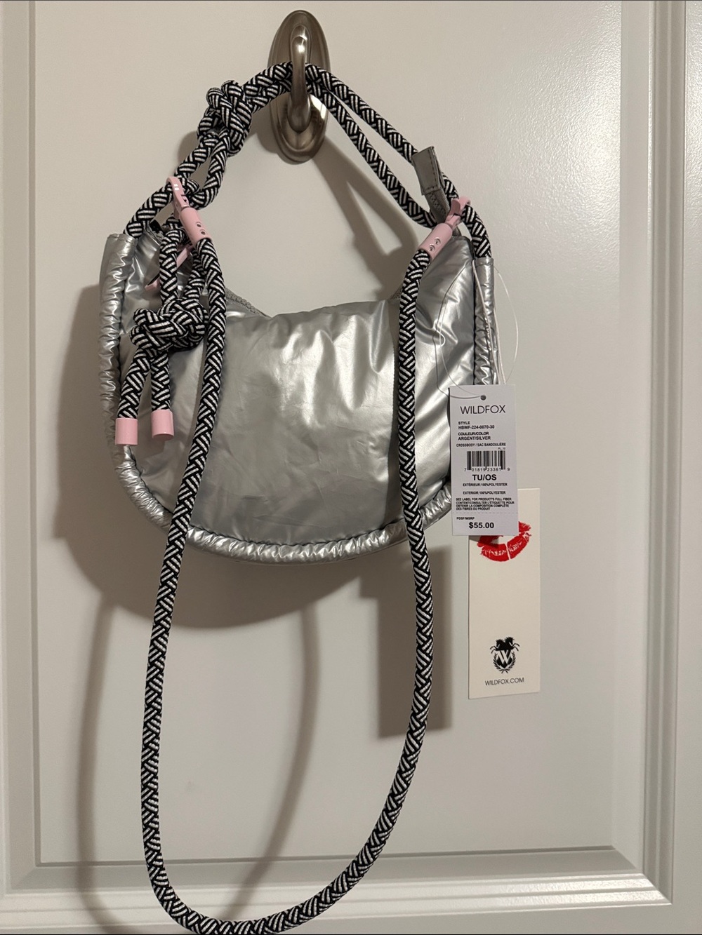 NWT! Wildfox Silver Crescent Bag with Black & White Rope Straps. Retail $55